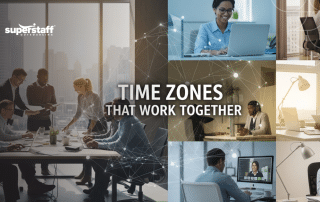 A collage of diverse remote and office teams representing a global hybrid workforce strategy for seamless collaboration.