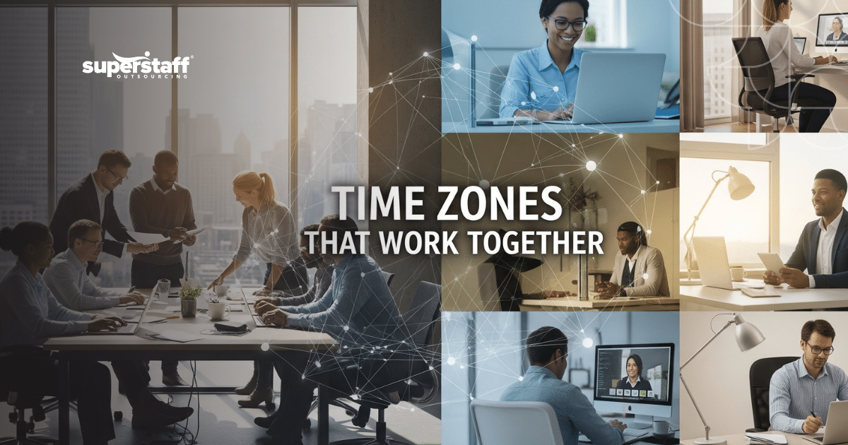 A collage of diverse remote and office teams representing a global hybrid workforce strategy for seamless collaboration.