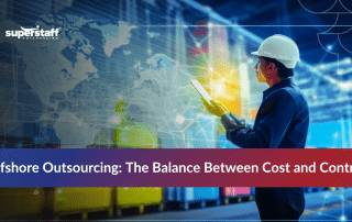 Pros and cons comparison chart showing benefits and challenges of offshore outsourcing with global map