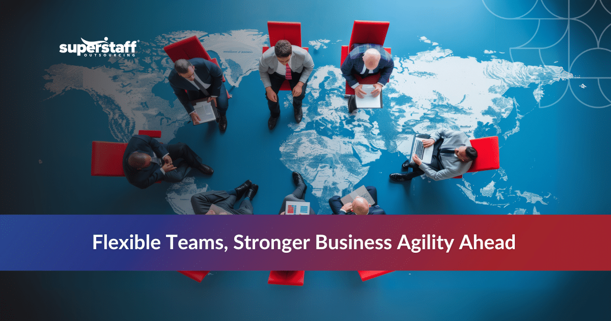 Outsourcing workforce concept shown with global workforce icons symbolizing agility and international collaboration.