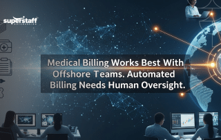 Global offshore team monitoring automated medical billing systems with healthcare icons and digital network