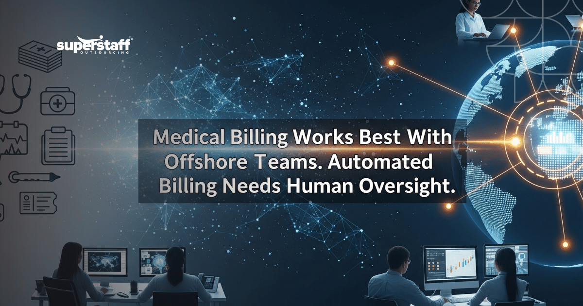 Global offshore team monitoring automated medical billing systems with healthcare icons and digital network