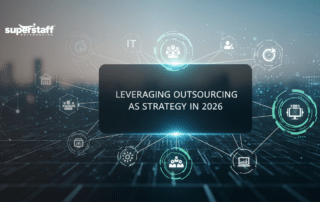 Digital network displaying strategic business solutions through outsourcing technology and AI innovation