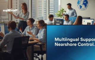 Multilingual customer support agency team with headsets assisting clients in modern nearshore office