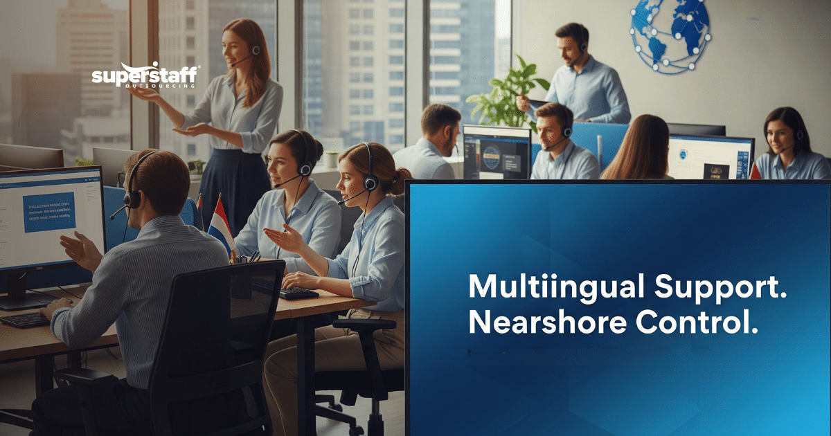 Multilingual customer support agency team with headsets assisting clients in modern nearshore office