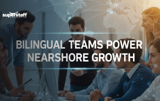 A team collaborating on nearshore recruiting projects in a modern office, featuring a bilingual professional focus.