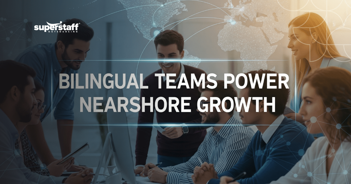 A team collaborating on nearshore recruiting projects in a modern office, featuring a bilingual professional focus.